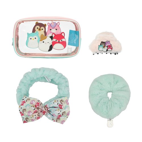 Bioworld Squishmallows Treat Yourself 4-Piece Accessory Care Kit Clear Character Design Cosmetic Storage Travel Bag Gift Set