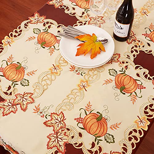Simhomsen Embroidered Thanksgiving Harvest Pumpkins Table Runner 14x120 Inches - Fall Decor