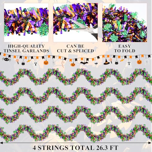 Halloween Spider Web Tinsel Garlands Set - 4 Pieces, 26.4 FT Total, Black Orange Purple Green Fringe Decorations