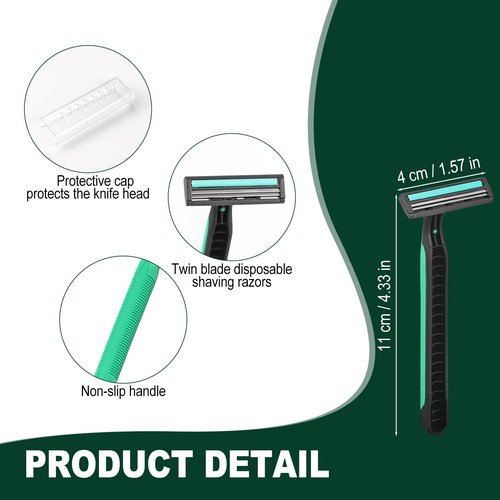Fafortune Disposable Twin Blade Razors in Bulk, Individually Wrapped - Clear Safety Cap, For Homeless, Hotel, Airbnb, Travel (pack of 100,green)