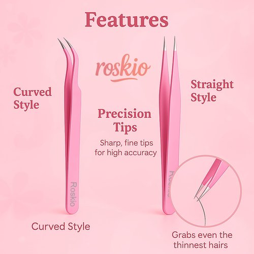 Roskio Nail Tweezer, 2pcs Stainless Steel Straight & Curved Nail Art Tweezers for Stickers, Rhinestone, Eyelash Extension, Nail Stickers, Cuticle, Rhinestone Picker Tool