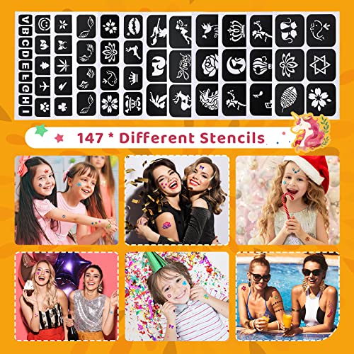 Glitter Tattoo Kit with 30 Colors & 147 Templates for Kids - Reusable, Waterproof, Safe Face & Body Glitter Set