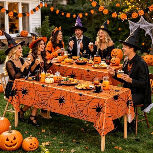 Halloween Spiderweb Tablecloths Set - Orange, 2 Pack Rectangular Plastic Coverings