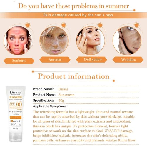 DISAAR BEAUTY Sunscreen SPF 90 - Oil-Free Sunblock with UVA/UVB Protection | Moisturizing Formula, 40g (1.41oz)