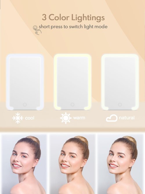 Qislee Magnetic Locker Mirror, 8 x 5 inches Travel Makeup Mirror with Light and Foldable Stand, 3 Color Modes Touch Dimming, Perfect Travel Accessory, White
