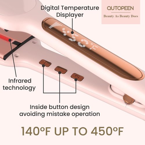 QUTOPEEN Fashion Pink Infrared 2 Inch Hair Straightener,2 Inch Wide Professional Ceramic Tourmaline Flat Iron with Big Temp Display,140F-450F Degree,Dual Voltage