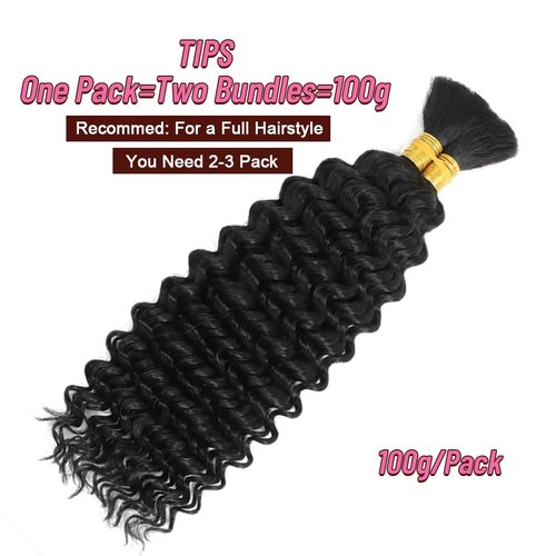 100 Percent Human Braiding Hair for Boho Braids Curly Deep Wave Bulk Human Hair for Micro Braiding Hair Bohemian Boho Knotless Braids 2 Bundles 100g Wet and Wavy 100% Human Hair Extensions No Weft