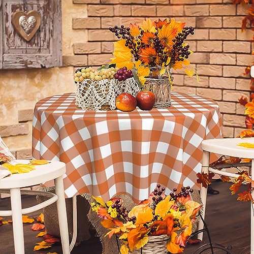 Fall Orange White Buffalo Plaid Tablecloth 60 Inch Round Polyester - Autumn Home Decor