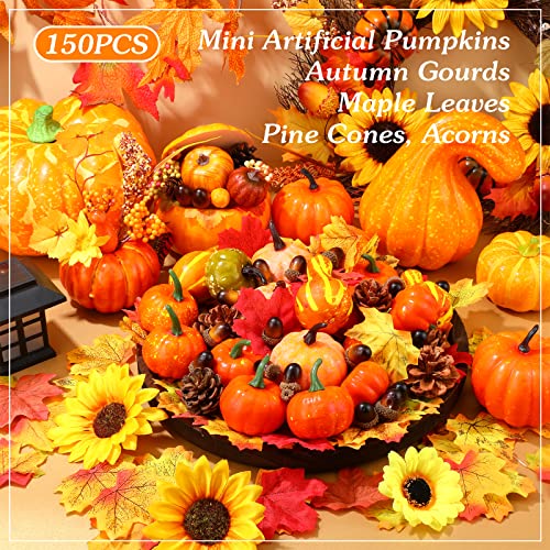 150PCS Fall Thanksgiving Pumpkin Gourd Leaves Decor Set - Artificial Autumn Decorations