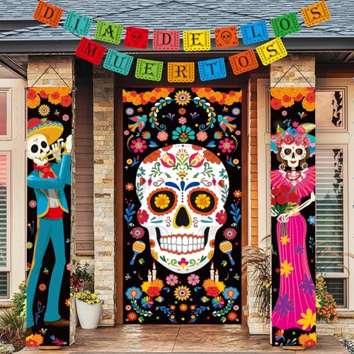 Dia De Los Muertos Decorations Set - Porch Signs, Banners & Door Cover for Halloween & Cultural Celebrations