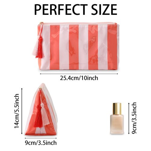 DYSHAYEN Makeup Bags for Purse,Small Clear Coated Cosmetic Bags for Women Girls, Waterproof Travel Organizer Zipper Pouch Beach Vacation Essentials (Pink-Orange)