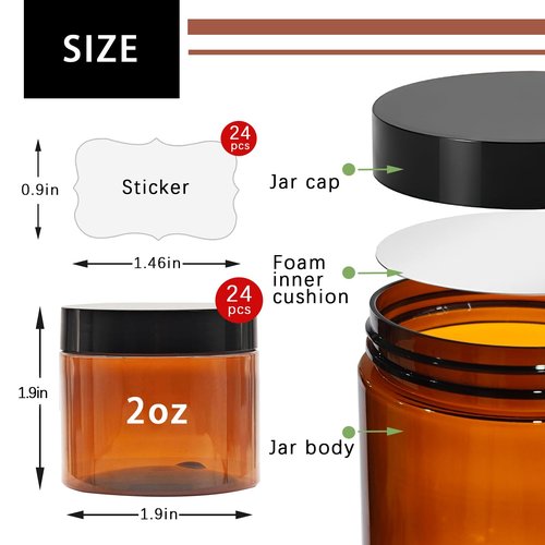 Slomg 24 Pack 2 oz Small Amber Plastic Jars with Lids and Labels, Refillable Round Brown Mini Cosmetic Containers, Reusable Airtight Jars for Lotion Cream Body Butter Ointment Travel Storage