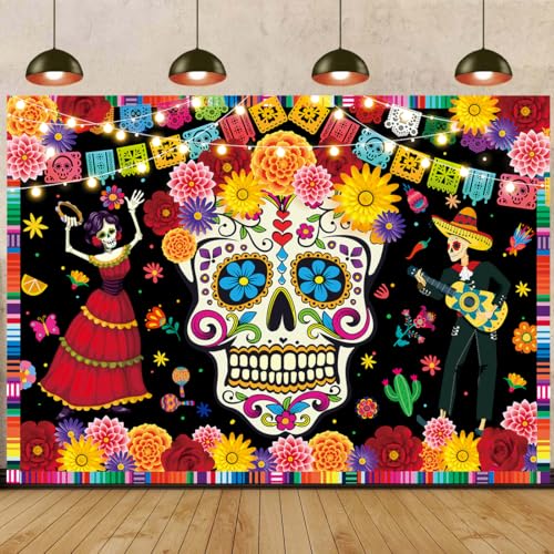 Day of The Dead Photo Backdrop Mexican Fiesta Sugar Skull Flowers Banner 82x59 Inch