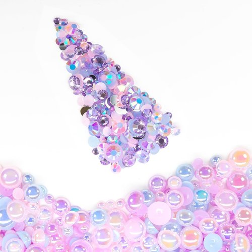 qiipii 2Bags 90g DIY Bundles Pack, 1 Half Round Pearls+1 Resin Rhinestones for Bedazzling Crafting 3-10mm Mix Light Pink Purpe Blue Colorful Gems Diamonds for Face Eyes Makeup Tumblers Bottles Shoes