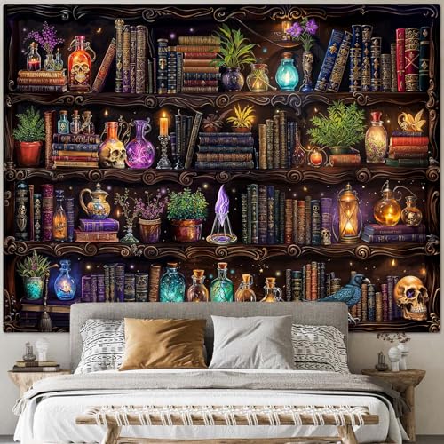Witch Bookshelf Tapestry Wall Hanging - 80x60 Rust Brown Decorative Wall Art