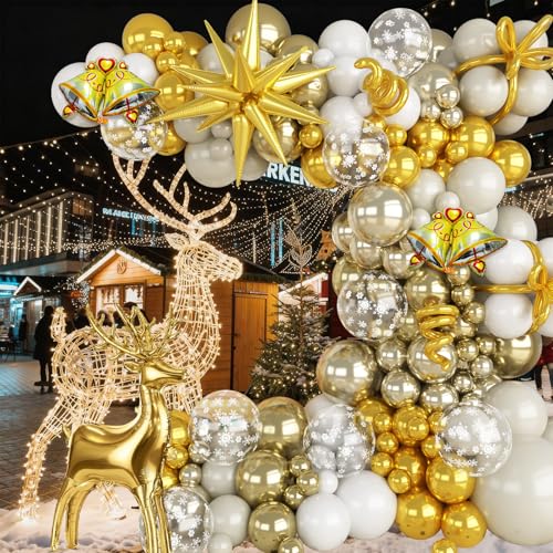 Champagne Gold White Christmas Balloon Arch Kit 121pcs with Deer & Snowflakes
