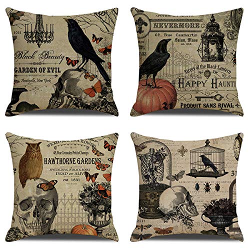 Halloween Pillow Covers Set of 4 - 18x18 Velvet Throw Pillows with Pumpkin Skull Owl Crow Design - Halloween Decor