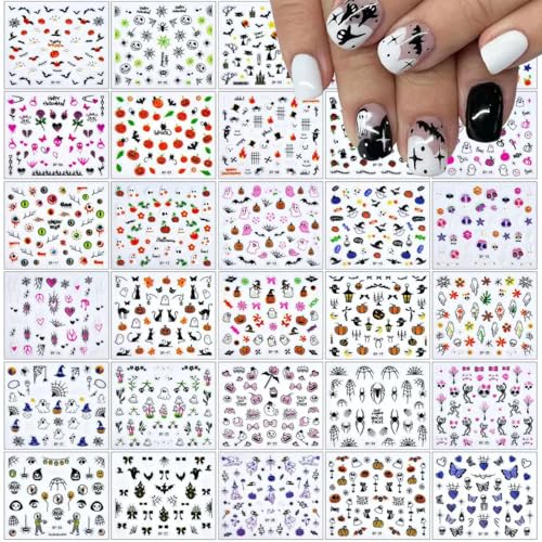 Halloween Nail Art Stickers - 30 Sheets Ghost Pumpkin Bat Cat Skull 3D Decals with Style-24