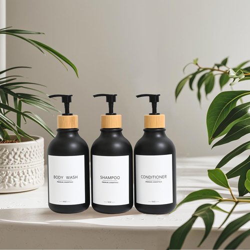 GlrYer Shampoo and Conditioner Frosted Bottles Bamboo Pump, Refillable Shampoo Empty Bottles for Lotion Oil Shower Soap Dispenser (6p-Black)