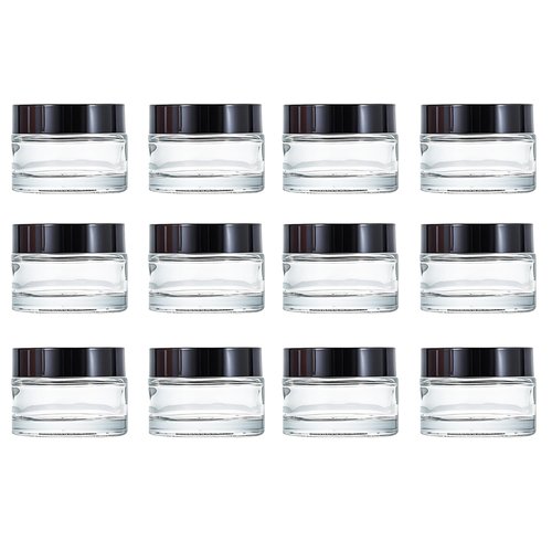 12Packs Glass Jars with Lids Clear Empty Cosmetic Containers Mini Round Makeup Jars with Black Lids and Inner Liners 5g for Storing Lip, Body Scrub. Lotion, Body Butter