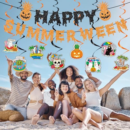 Summer Ween Party Decorations - 10PCS Glitter Banners & Hanging Swirls, Halloween in Hawaii Theme