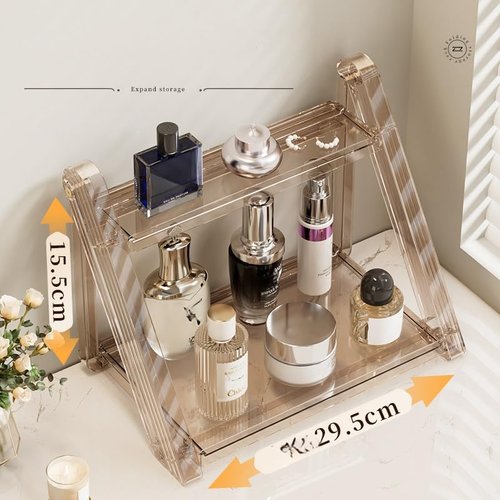 FYBREEK Tea Brown Foldable Perfume Organizer,Makeup Organizer,Clear Acrylic Double Layer Display Stand, Waterproof Cosmetic Storage Rack for Bathroom Vanity Countertop (1PC)