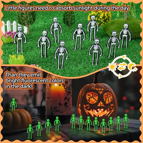 Glow in The Dark Mini Skeleton Decorations - 50 White Tiny Figurines for Halloween Haunted House & Party Favors