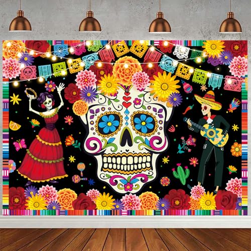 Day of The Dead Photo Backdrop Mexican Fiesta Sugar Skull Flowers Banner 82x59 Inch