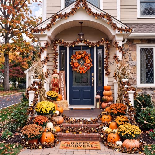 Halloween Tinsel Garland with Pumpkin - 100 Ft Orange Black Decor