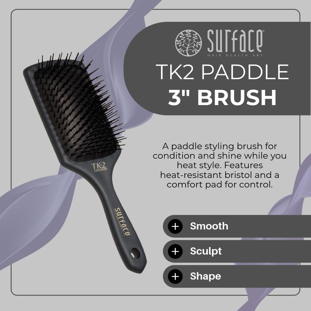 Surface Hair TK2 Paddle Brush - Professional Heat Resistant Styling Tool for Smoothing & Straightening | 3 Inch Tourmaline Cushion Pad