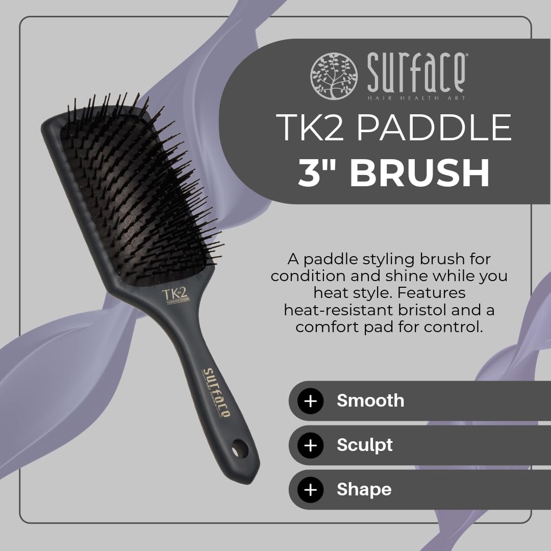 Surface Hair TK2 Paddle Brush - Professional Heat Resistant Styling Tool for Smoothing & Straightening | 3 Inch Tourmaline Cushion Pad