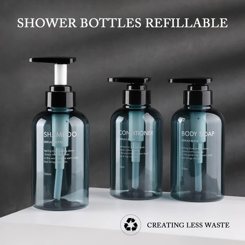 3pcs Refillable Shampoo and Conditioner Bottles, 16.9oz/500ml Shampoo Conditioner Body Wash Dispenser for Hotel Bathroom, 3pcs Plastic Shampoo Bottles with Pump (Blue)