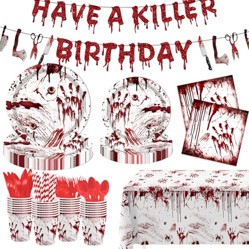 Killer Birthday Party Decorations Set - Halloween Horror Tableware for 24 Guests
