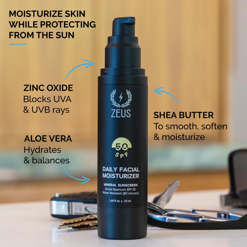 ZEUS Men’s Hydrating Face Moisturizer with SPF 50, Restores, Protects & Hydrates Skin, Daily Face Lotion for Men, Natural Mineral Sunscreen for Everyday UV Protection (Made in USA)