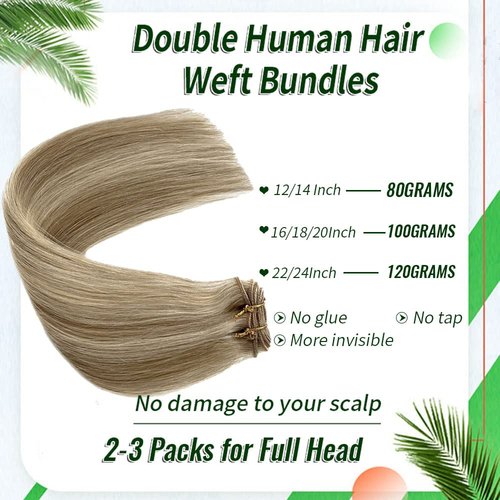 Sew In Real Human Hair Blonde Highlights Weft Extensions - Remy Hair Ash Brown Mix Platinum Blonde Hand Tied Weft - 14inch 80g