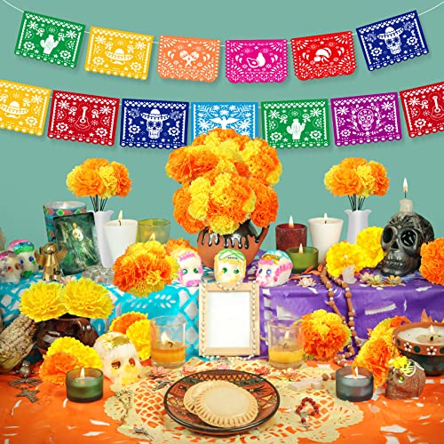 Mexican Party Decorations Set with Marigold Flowers & Banners - Orange & Yellow - Dia De Los Muertos & Fiesta Decor