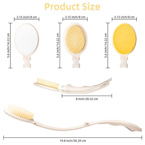 LFJ 19" Long Handle Shower Sponge Brush Set, 3 in 1 Body Brush, Bath Sponge and Lotion Applicator Improved Skin Health, Suitable for Men and Women (White Brush-1P)