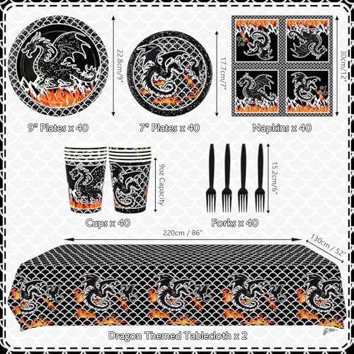 Dragon Birthday Party Supplies Serves 40 - Plates Cups Napkins & Tablecloths