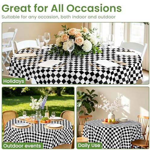 84-Inch Black Checkered Flag Round Plastic Tablecloth - 12 Pack, Disposable, Waterproof