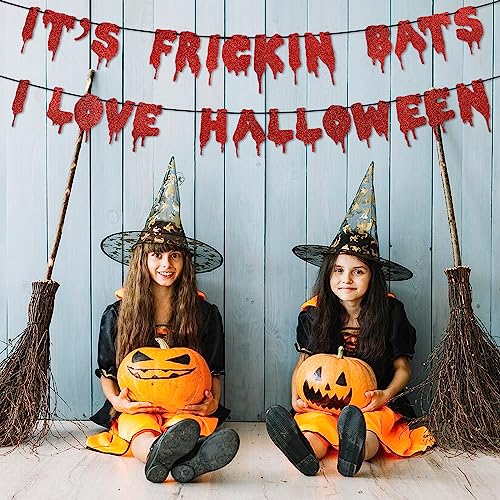 Red Glitter Halloween Banner - It's Frickin Bats Wall Decor Party Garland