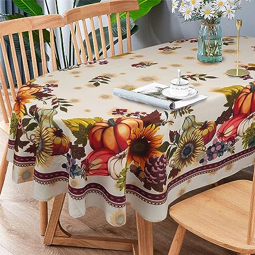 Pumpkin Sunflower Fall Thanksgiving Double Border Tablecloth - Oval 60 x 102 Inches