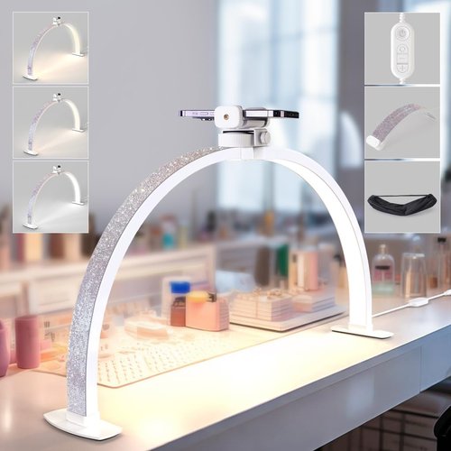 Lavinda 29'' Half Moon Light for Nail Desk, Dimmable 3000K-6000K LED Nail Table Lamp with Phone Holder & Wire Controller for DIY Manicure, Eyelash Extension, Skincare, Tattoo (Crystal Diamond)