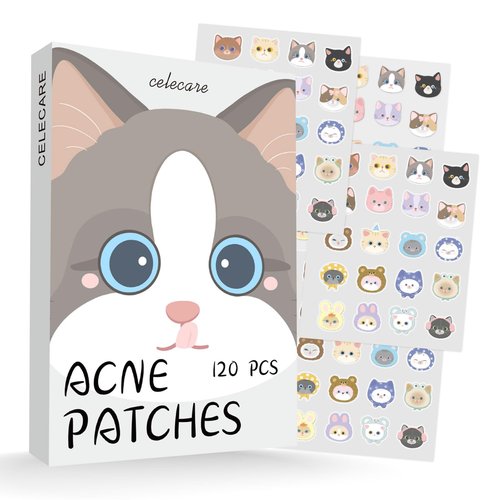 CELECARE Cat Pimple Patches,Cute Pimple Patches,Acne Patches for Face, Cute Stickers,Salicylic Acid & Tea Tree, 120 Hydrocolloid Dots in 20 Colors for Face,Cute Cat Pimple Stickers