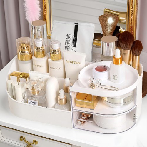 POFUOT skin care organizer,Makeup Desk Organizer With Drawers,Countertop Organizer for Cosmetics,Vanity brush with Holder for Lipstick, Brushes, Eyeshadow, and Desktop Finishing Dresser (D-White)