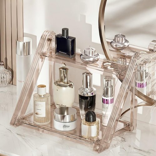 FYBREEK Tea Brown Foldable Perfume Organizer,Makeup Organizer,Clear Acrylic Double Layer Display Stand, Waterproof Cosmetic Storage Rack for Bathroom Vanity Countertop (1PC)