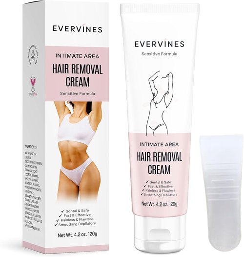 Evervines Hair Removal Cream for Women: Fast & Painless Depilatory for Bikini Pubic Legs Arms Underarms - Sensitive Skin Safe - Travel & Home Use with Scraper – 4.2oz