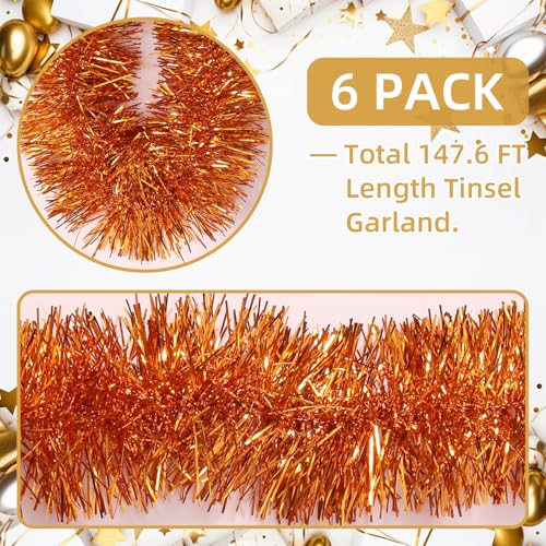 150 FT Light Orange Tinsel Garland - Holiday Party Decorations for Christmas Halloween New Year & Birthdays - Variation of Orange