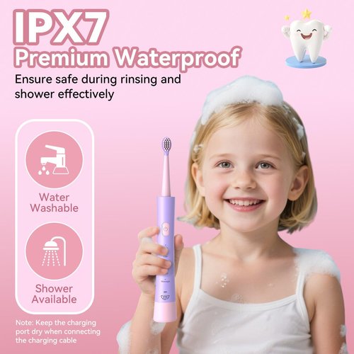 JTF Rechargeable Electric Toothbrush for Kids: 5 Gentle Modes for Ages 3+, Safe & Effective for Sensitive Teeth - with Fun DIY Stickers, 4 Soft Brush Heads, Children Sonic Toothbrush for Home & School