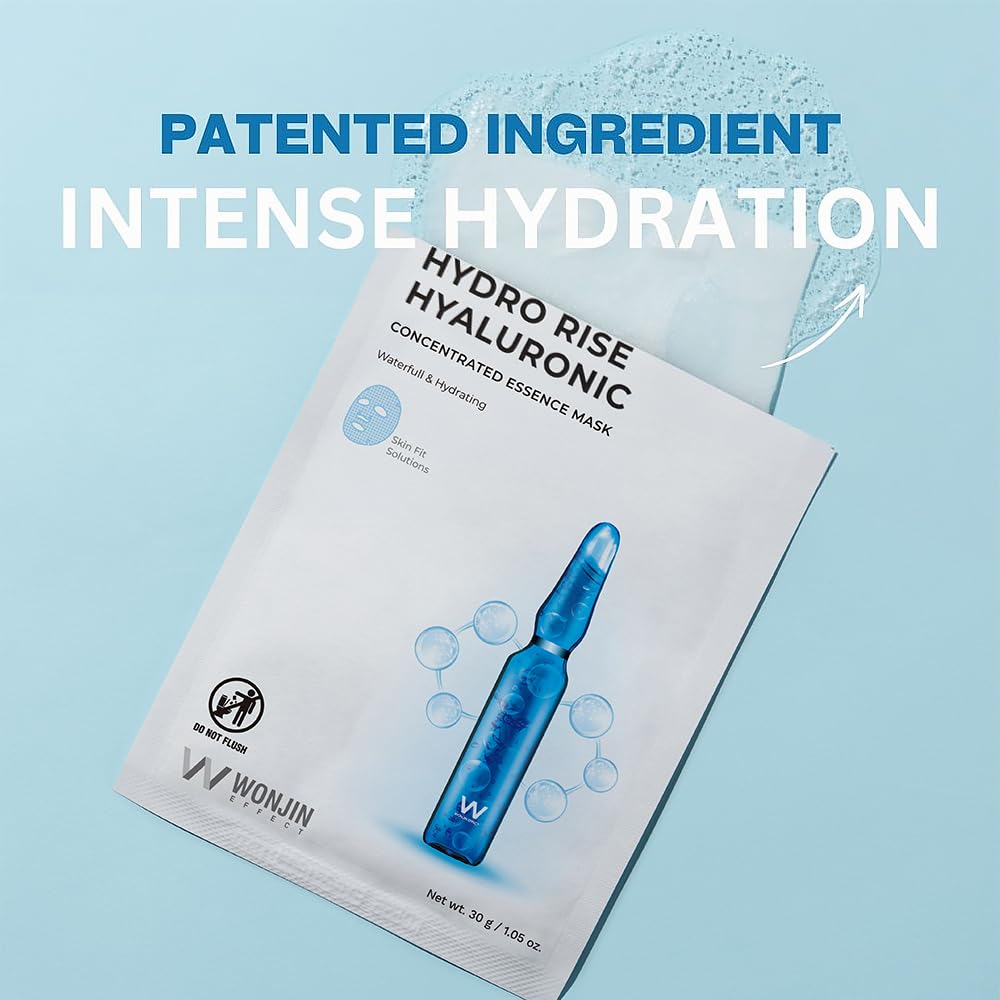 Wonjin Effect HYDRO RISE HYALURONIC MASK 1.05 fl Oz*10 pieces, Hydrating, Moisturizing, Skin Elasticity, Wrinkle Care, Hyaluronic Acid, Aquaxyl, Skin Barrier, Mask Sheet