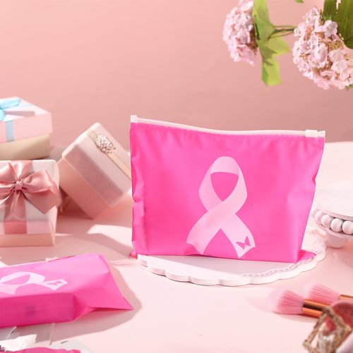 100 Pieces Breast Cancer Awareness Makeup Bags Bulk Pink Ribbon Cosmetic Pouches Breast Cancer Survivor Gifts for Woman Girls Multi Purpose Zipper Eva Waterproof Toiletry Pouch Bags (Classic Style)